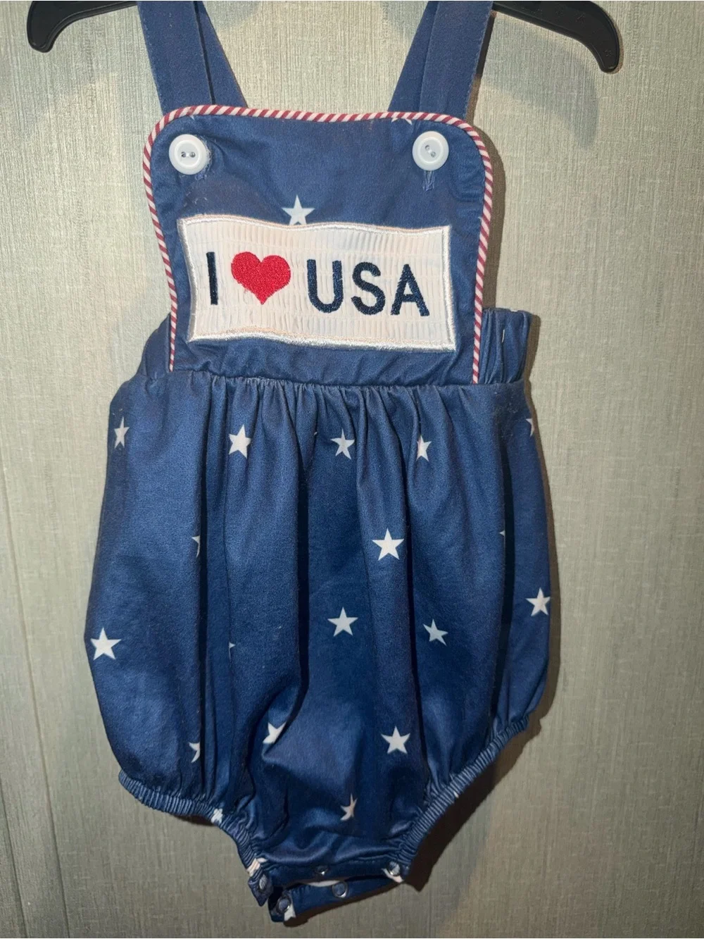 I Heart USA Blue Star Baby Romper with Suspender Straps